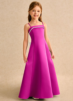 Azazie Izel Girls Formal Robe Demoiselle D'honneur Fillette Robe Trapèze en Mat Satiné Plissée Ivoire Fuchsia image3