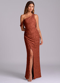 Azazie Madelyn Robes de demoiselle d'honneur Robe Sirène Convertible en Blumen-Burnout Ue épaule Terracotta image4