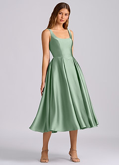 Azazie Amalie Bridesmaid Dresses Agave A-Line Pleated Stretch Satin Dress image1