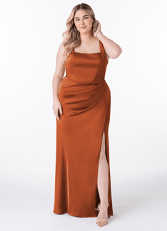 Azazie Mero Bridesmaid Dresses Cinnamon Sheath Pleated Stretch Satin Dress image6