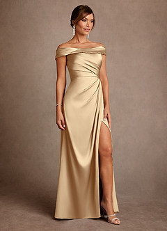 Azazie Bedford Mother of the Bride Dresses Champagne Sheath Pleated Stretch Satin Dress image4