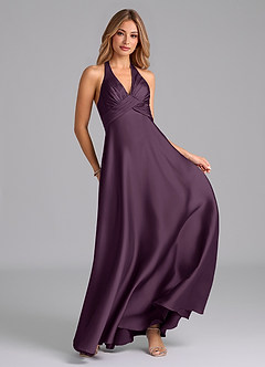 Azazie Tessie Robes de demoiselle d'honneur Robe Trapèze en Satin extensible Plissée Prune image3