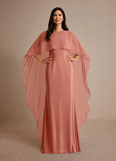 Azazie Milfred Mother of the Bride Dresses Salmon Pink Sheath Boatneck Stretch Satin Dress image2