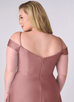 Barbie ♥ Azazie Brudtärnklänningar Klänning av A-Line i Stretch Satin Av axeln Dammig Ros Konvertibel image10