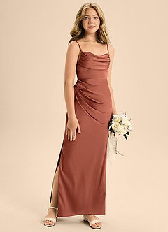 Azazie Mai Junior Robe Trapèze en Satin extensible Encolure en Forme de Cœur Argile image3