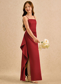 Azazie Cannoli Girls Formal Flower Girl Dresses Pomegranate A-Line Pleated Stretch Satin Dress image4