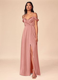 Azazie Ocean Bridesmaid Dresses Rosette A-Line V-Neck Pleated Stretch Satin Dress image1