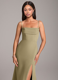 Azazie Saige Bridesmaid Dresses Moss Green Sheath Off the Shoulder Chiffon Convertible Dress image2
