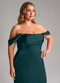 Azazie Saige Bridesmaid Dresses Pine Sheath Off the Shoulder Stretch Satin Dress image14