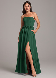Azazie Kailee Bridesmaid Dresses Dark Green A-Line with Pockets Chiffon Dress image1