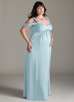 Azazie Rhea Robes de demoiselle d'honneur de maternité Robe Trapèze Épaule nue plissée Longueur ras du sol Satin extensible image3