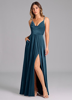 Azazie Sarella Bridesmaid Dresses Blue Topaz A-Line Pleated Velvet Dress image1