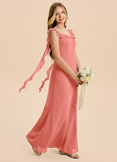 Azazie Cindy Junior Salmon Pink A-Line Ruched Chiffon Dress image1