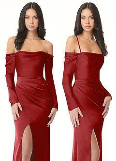 Azazie Hallie Bridesmaid Dresses Pomegranate Sheath Off-The-Shoulder Long Sleeve Stretch Satin Convertible Dress image9