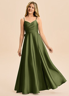 Azazie Rumi Junior Linia A Pofałdowany Satyna elastyczna Długość podłogi Młodsza druhna Sukienka image1