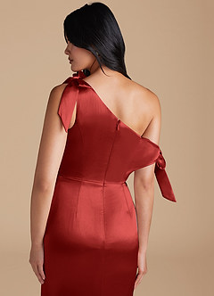 Azazie Xyla Bridesmaid Dresses Rust Sheath Off the Shoulder Metallic Satin Convertible Dress image4