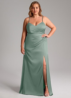 Azazie Azuree Essayer des robes à la maison Robe Trapèze en Satin extensible Plissée Eucalyptus image11