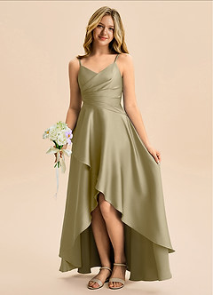 Azazie Eirlys Junior A-Linie Plissee Stretch-Satin Kleid Moosgrün image1