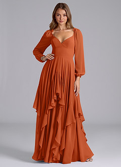 Azazie Karan Bridesmaid Dresses Burnt Orange A-Line Long Sleeve Chiffon Dress image3