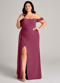 Azazie Amyra Brautjungfernkleider Wandelbar Etui Schulterfrei Chiffon Kleid Maulbeerrot image10