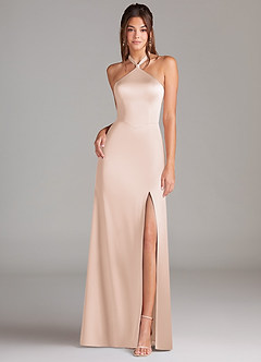 Azazie Elliana Bridesmaid Dresses Blushing Pink A-Line Side Slit Stretch Satin Dress image4