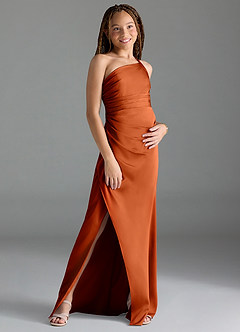 Azazie Eren Junior Vestido de Naranja Quemada de Satén Elástico de Recto con Plisado image3