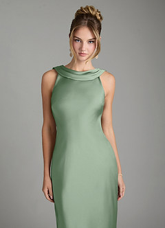 Azazie Aussie Vestidos de damas de honor Vestido de Matcha de Satén Elástico de Corte Recto con Plisado image3