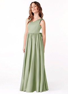 Azazie Hathaway Junior A-Linie Schleifen Stretch-Satin Kleid Staubiger Salbeigrün image4