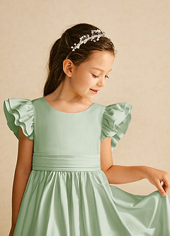 Azazie Piglette Flower Girl Dresses Dusty Sage A-Line Bow Matte Satin Dress image3