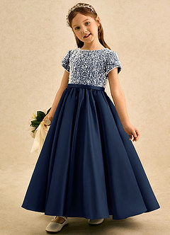Azazie Cashew Flower Girl Dresses Dark Navy Ball-Gown with Sleeves Matte Satin Dress image3