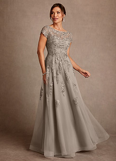 Azazie Jalinda Mother of the Bride Dresses Taupe A-Line Lace Chiffon Dress image1