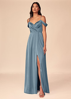 Azazie Ocean Bridesmaid Dresses Dusty Blue A-Line V-Neck Pleated Stretch Satin Dress image7