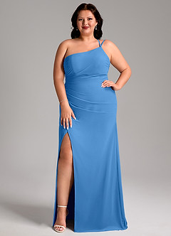 Azazie Eren Robes de demoiselle d'honneur Robe Fourreau en Mousseline de soie Ue épaule Geai Bleu image8