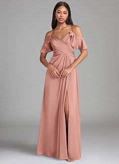 Azazie Dakota Bridesmaid Dresses Rosette A-Line Off the Shoulder Stretch Satin Dress image3