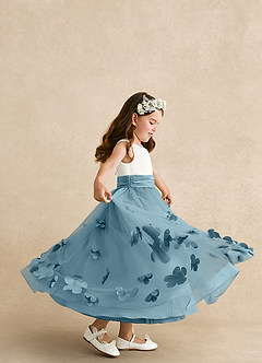 Azazie Vi vestidos de niña de las flores Vestido de Azul Malhumorado de Tul de Corte en A con Sin mangas image2