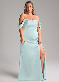 Azazie Saige Bridesmaid Dresses Sea Glass Sheath Off the Shoulder Stretch Satin Dress image13
