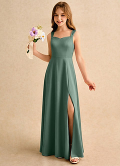 Azazie Makani Girls Formal Blumenmädchenkleider A-Linie Herzausschnitt Matte Satin Kleid Eukalyptus image3