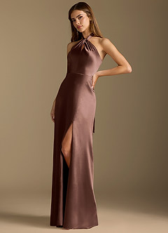 Azazie Tracie Bridesmaid Dresses Espresso A-Line Pleated Metallic Satin Dress image4
