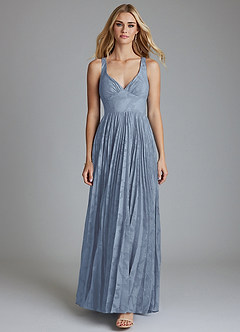 Azazie Mirella Brudtärnklänningar Klä av A-Linje i Blommig Utbrändhet Plisserad Dammblå image5