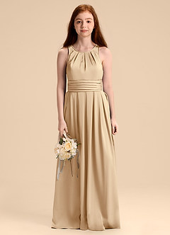 Azazie Bibiane Junior Jurk van Stretch Satijn met A-Lijn Geplooid Champagne image6