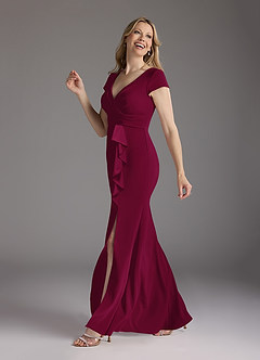 Azazie Tana vestidos de madre de la novia Vestido de Borgoña de Crepé elástico de Sirena con Cuello en V plisado image4