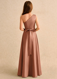 Azazie Puddles Girls Formal Flower Girl Dresses Bronzer A-Line One Shoulder Matte Satin Dress image3