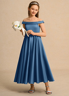 Azazie Teeny Girls Formal Sukienki dla dziewczynek sypiących kwiaty Linia A Pofałdowany Matowy satynowy Długość kostki Sukienka image4