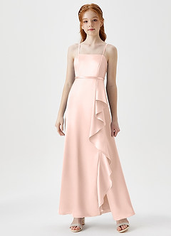 Azazie Kaylee Junior Robe Trapèze en Satiné métallisé avec ceinture Or Rose image1