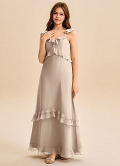 Azazie Tavie Junior Taupe A-Line Ruched Chiffon Dress image3