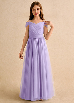 Azazie Yuna Girls Formal Flower Girl Dresses Lilac A-Line Off the Shoulder Tulle Dress image6