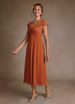 Azazie Mirta Mother of the Bride Dresses Cinnamon A-Line Pleated Floral Burnout Dress image4