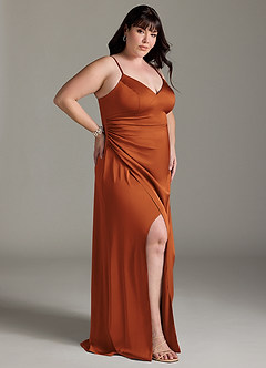 Azazie Marchella Bridesmaid Dresses Cinnamon A-Line Corset Stretch Satin Dress image9