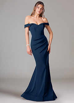 Azazie Everly Bridesmaid Dresses Dark Navy Mermaid Off the Shoulder Stretch Satin Convertible Dress image1