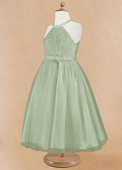 Azazie Honey vestidos de niña de las flores Vestido de Salvia Polvorienta de Satin Mate de Corte En A con Perla image8